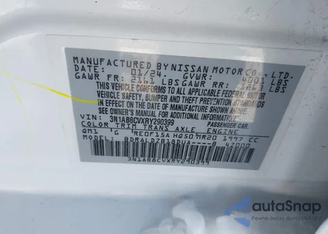 2024 Nissan Sentra Sv Xtronic Cvt z USA, uszkodzony, nr VIN 3N1AB8CVXRY290399